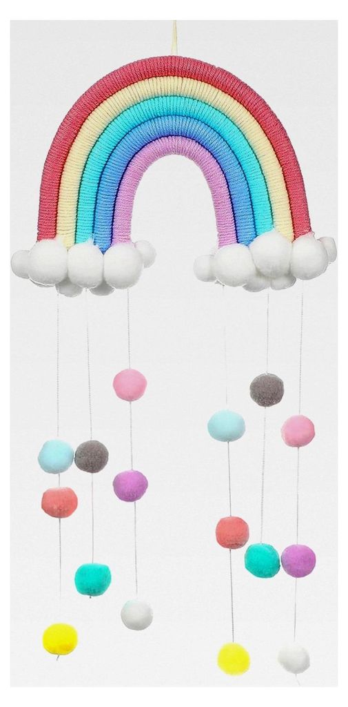 Holz Baby Mobile für das Kinderbett mit Wolken, Regentropfen und Regenbogen in Boho-Stil