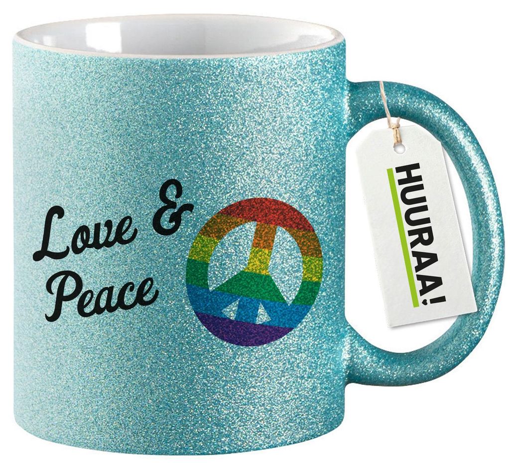 Huuraa Glitzertasse Love & Peace 330ml Blau Keramik Kaffeebecher Geschenkidee