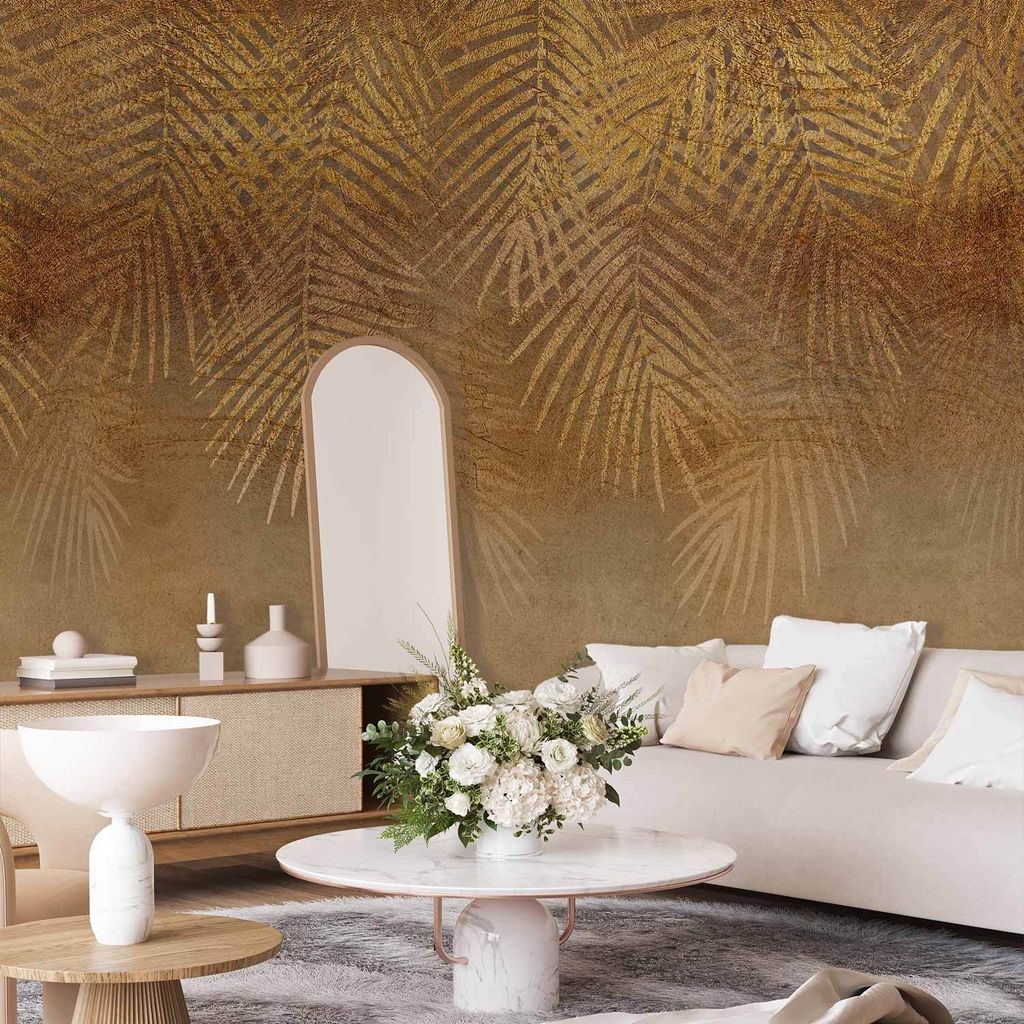 Vlies Fototapete - Abstract nature in beige - composition with golden exotic leaves 150x105 cm Blätter b-A-10094-a-a