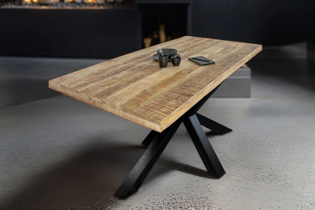 Esstisch 240x100cm Mangoholz gerade Kante Spider-Gestell schwarz RIO