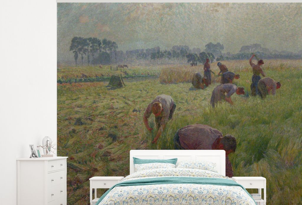 MuchoWow Fototapete für Wohnzimmer oder Schlafzimmer Wandtapete Vinyl Motivtapete Die Flachsernte - Gemälde von Emile Claus - 275x220 cm - Gemu...