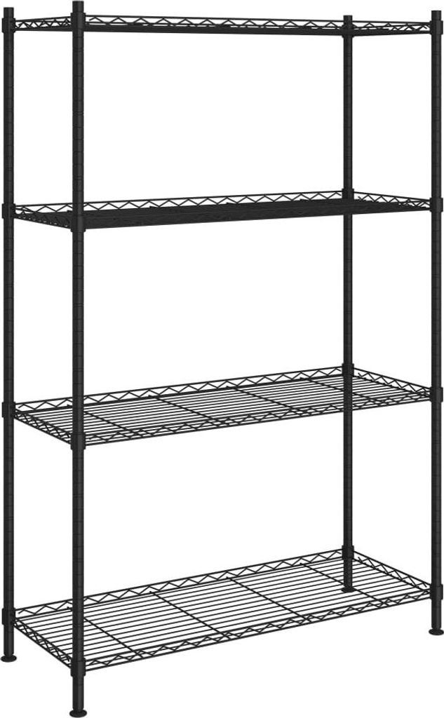 A black metal wire shelving unit with four shelves against a white background.