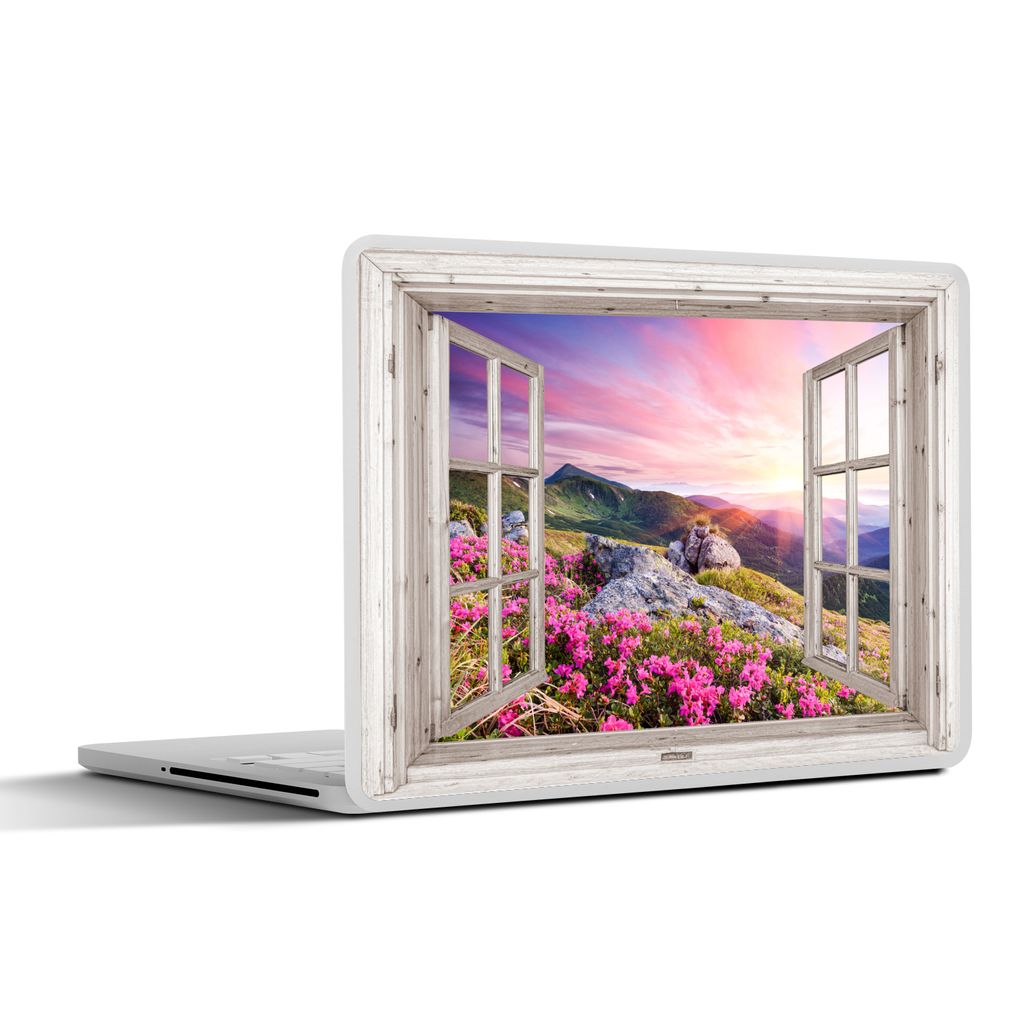 MuchoWow Laptop Aufkleber Sticker Cover Berge - Landschaft - Aussicht - Blumen - Abend - Rosa 40x30 cm - Laptop Dekoration - Selbstklebend