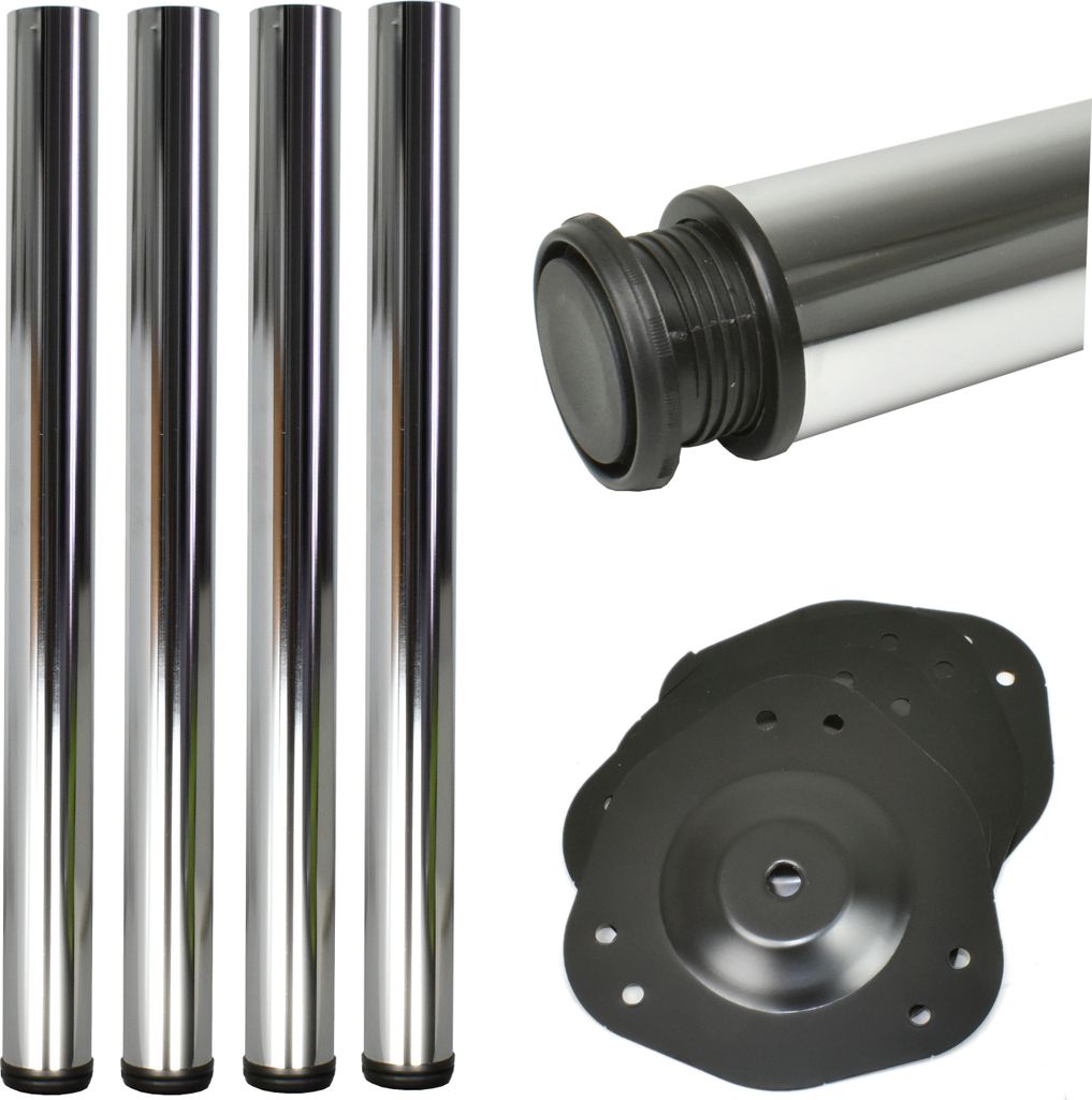 4x Höhenverstellbare Tischbeine Ø60mm – Chrom, 710mm + 30mm Verstellung, mit Montageplatte