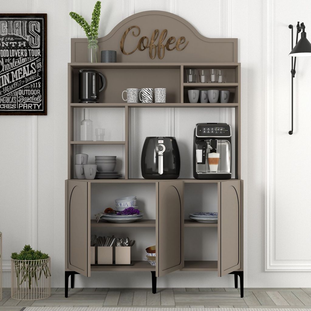A coffee bar cabinet filled with kitchenware and appliances.