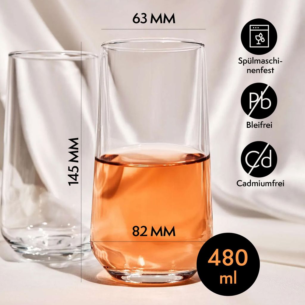 KONZEPT Trinkgläser-Set, 480 ml, Longdrinkgläser, Cocktailgläser, Gläser Set 6 teilig, Ideal für Cocktail, Saft und als Wassergläser