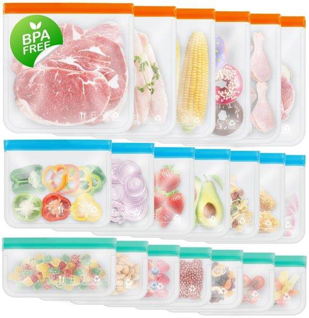 Silikonische Tüten für Lebensmittel, 1-Gallonen-Größe, BPA-frei, reisfertig, für die Heimorganisation (20 Stück - 6 große, 7 mittelgroß, 7 ...