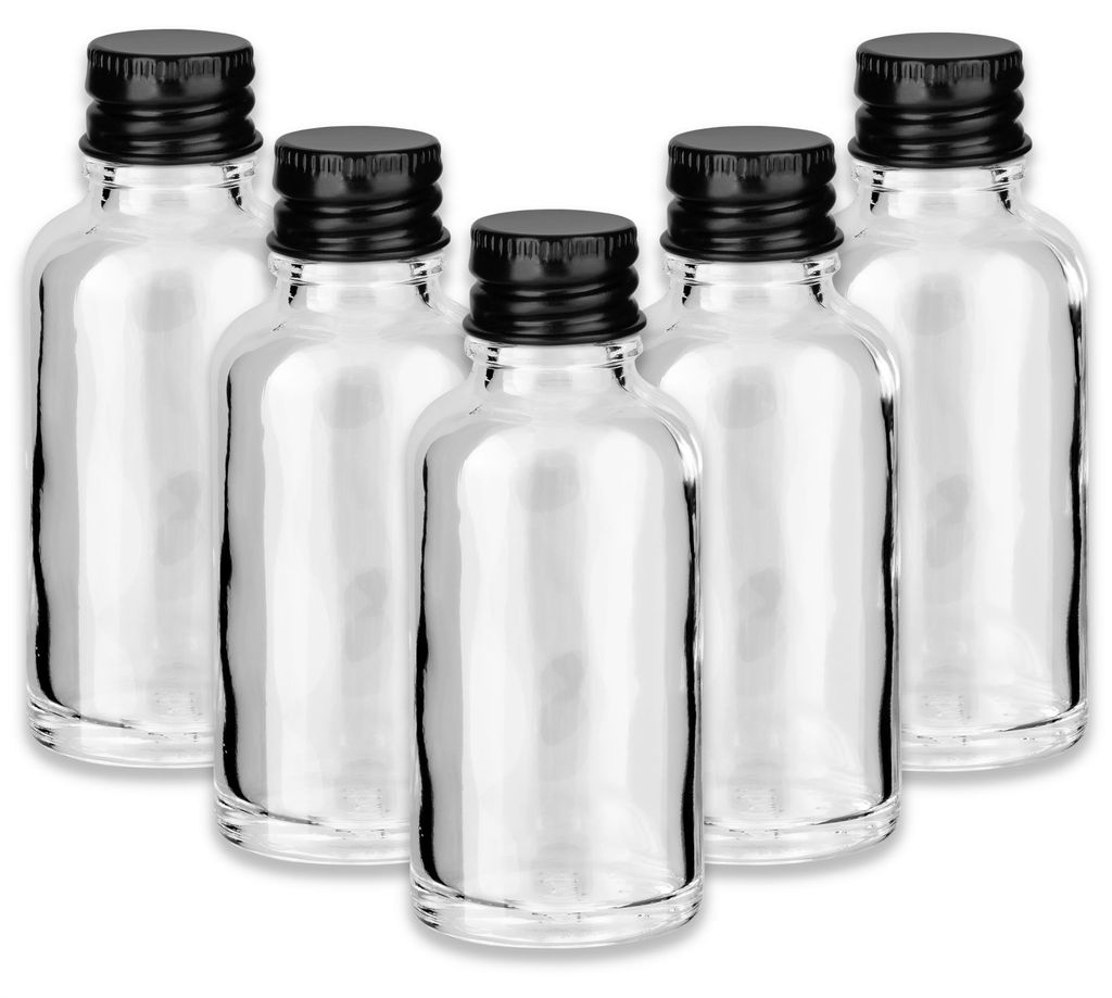 5x Klare Glasflasche 30 ml mit schwarzem Aluminium Schraubverschluss