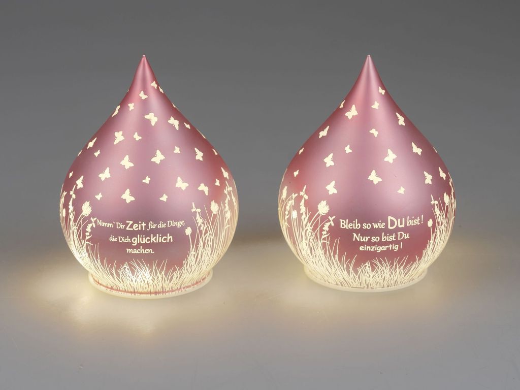 2er Set LED Tischlampen Tropfen FRÜHLINGSWIESE rosa H. 13cm mit Spruch Formano