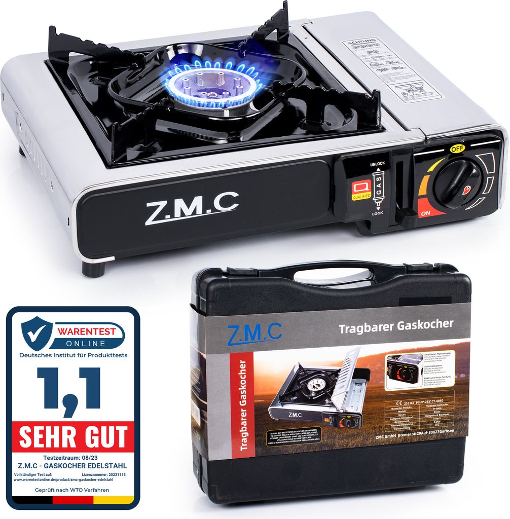 ZMC Edelstahl Campingkocher 1 Flammig Outdoor Gaskocher Herd Kartuschenkocher Transportkoffer Tragbarer Piezozündung Kochfeld ohne Gaskartusche