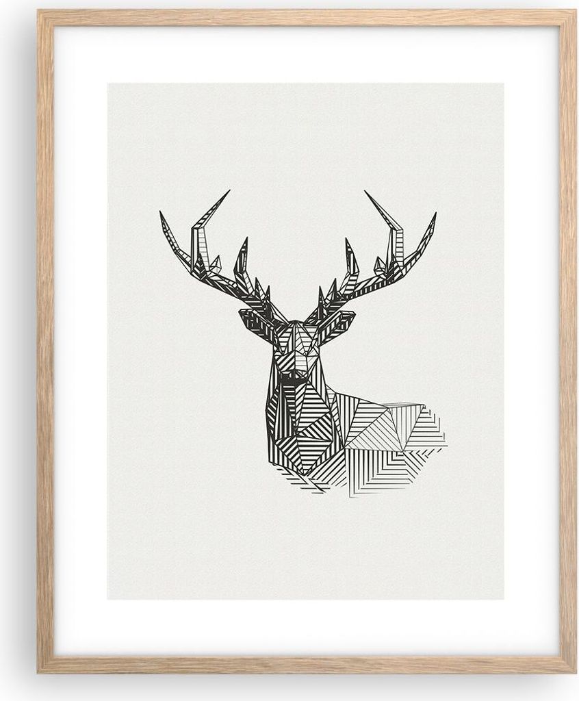 Gerahmtes Poster - Rahmen in heller Eiche - Hirsch Skizze Produktbild 