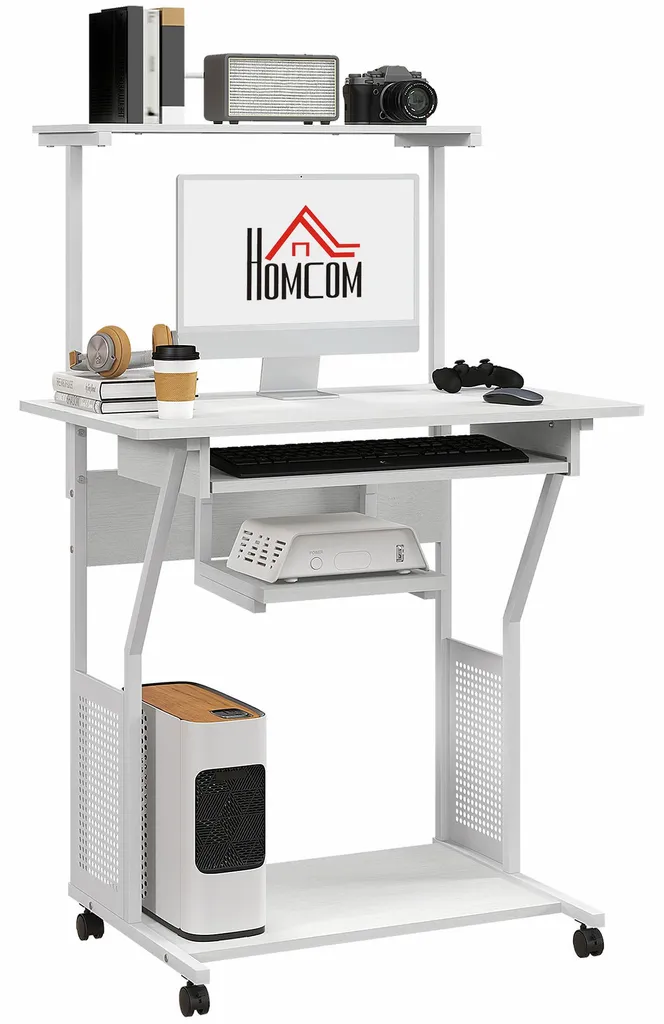 Gagnez de la place avec ce bureau à roulettes blanc et ses étagères