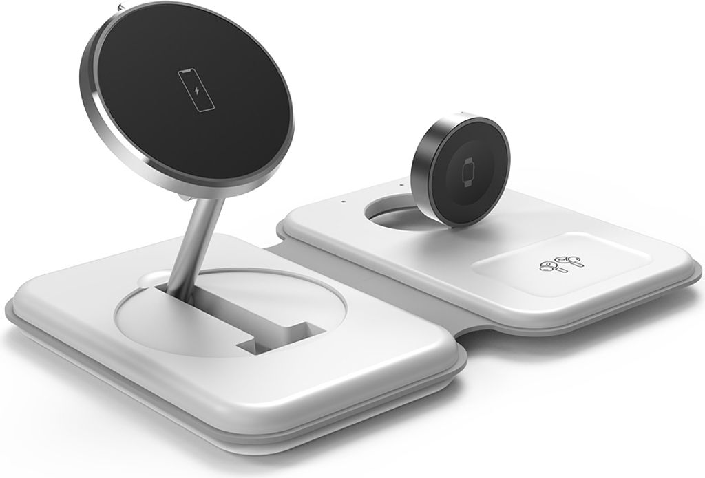 3-in-1-Ladestation Mag-Safe Magnetischer kabelloser Ladestaender Kompatibel mit iPhone-Geraeten Zusammenklappbarer, verstellbarer Telefonladehalter