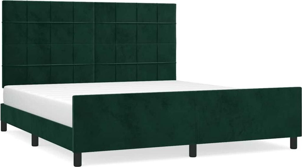 A dark green velvet bed frame with a tufted headboard, shown against a white background.