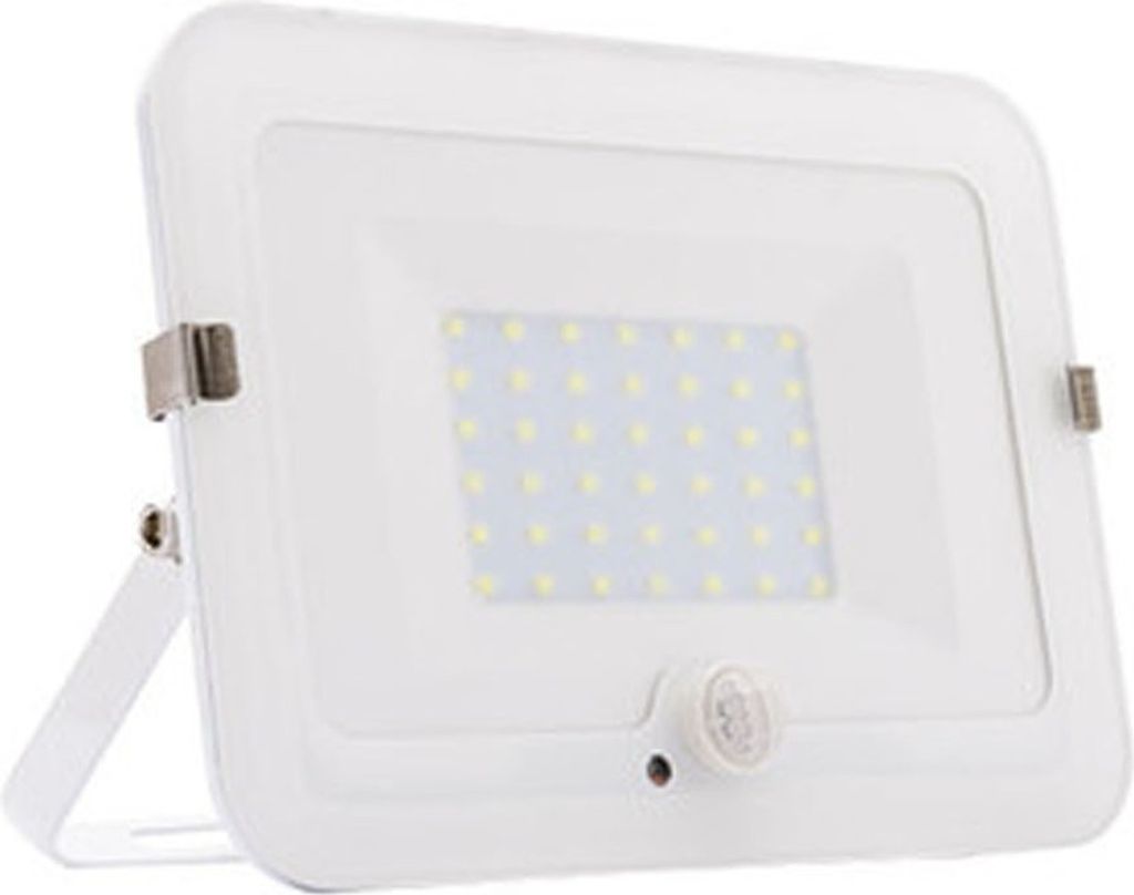 A white LED floodlight with a motion sensor is shown against a white background.