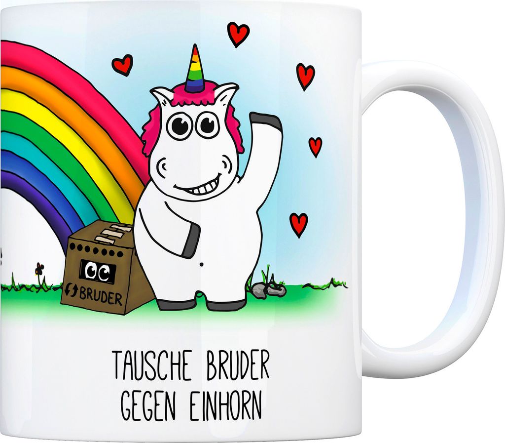Honeycorns Kaffeebecher mit Einhorn Motiv und Spruch: Tausche Bruder ... Büro