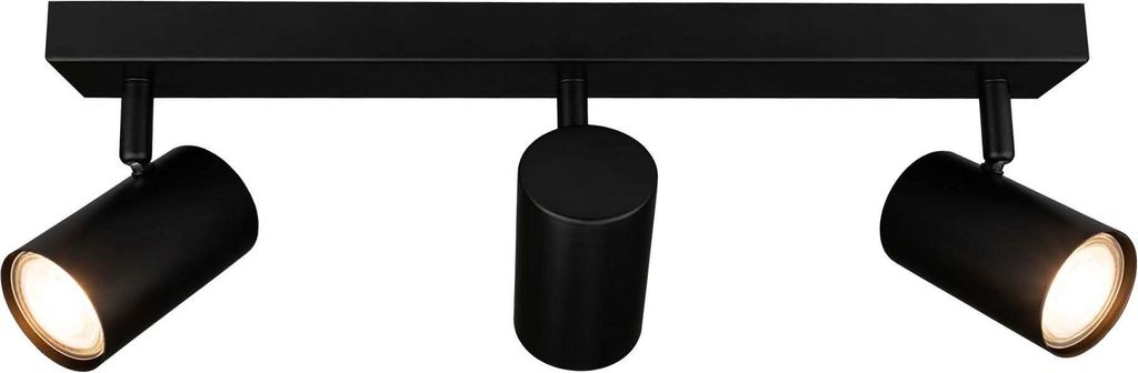 A black track light with three adjustable spotlights against a white background.