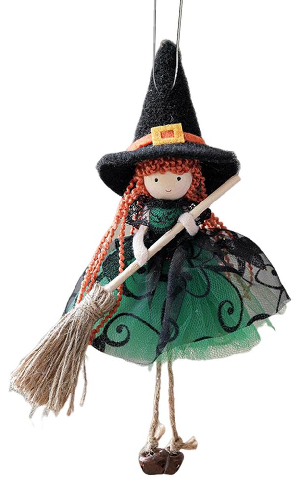 Halloween-Hexenpuppe mit Besen, kleine Hexenfigur mit Gaze-Rock, hängende Hexenfigur für Küche, Zimmer, Tür oder Fenster – Halloween-Dekoration