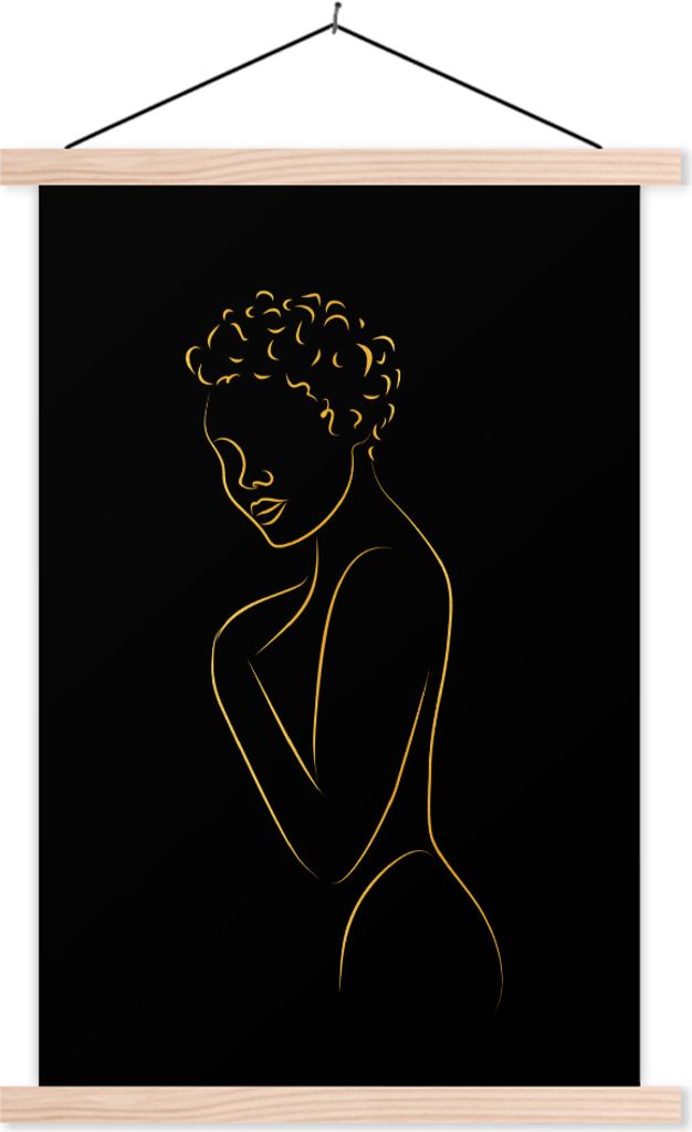 MuchoWow Textilposter Frau - Schwarz - Gold - Strichzeichnung 60x90 cm mit holzfarbenen Rahmen - Textil
