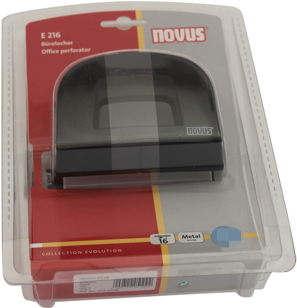 Novus Bürolocher E 216, bis 16 Blatt schwarz/grau, im Blister