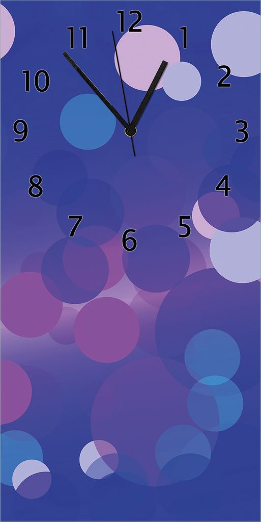 Wallario Design Wanduhr bedruckt, Größe 30 x 60 cm, Motiv: Blaue Kreise mit pink - harmonisches Muster