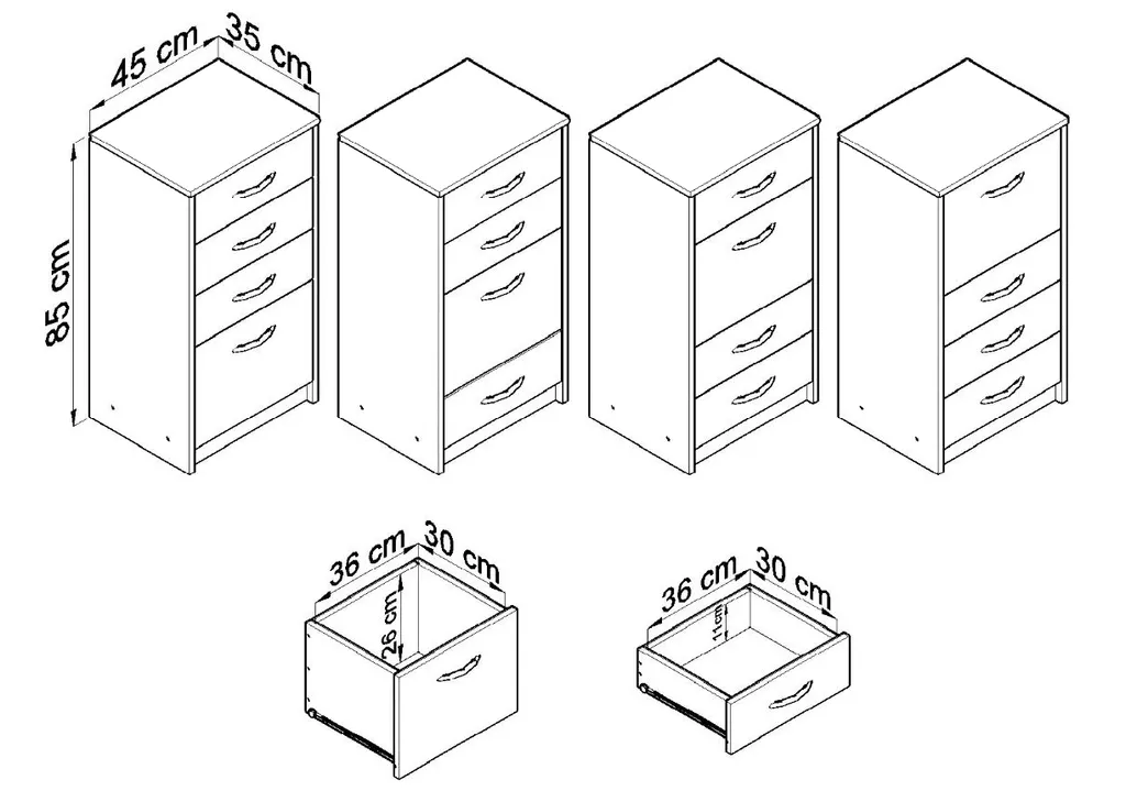 Commode Gain de Place 4 Tiroirs Blanc Mat - Buffet Compact 45cm - 6