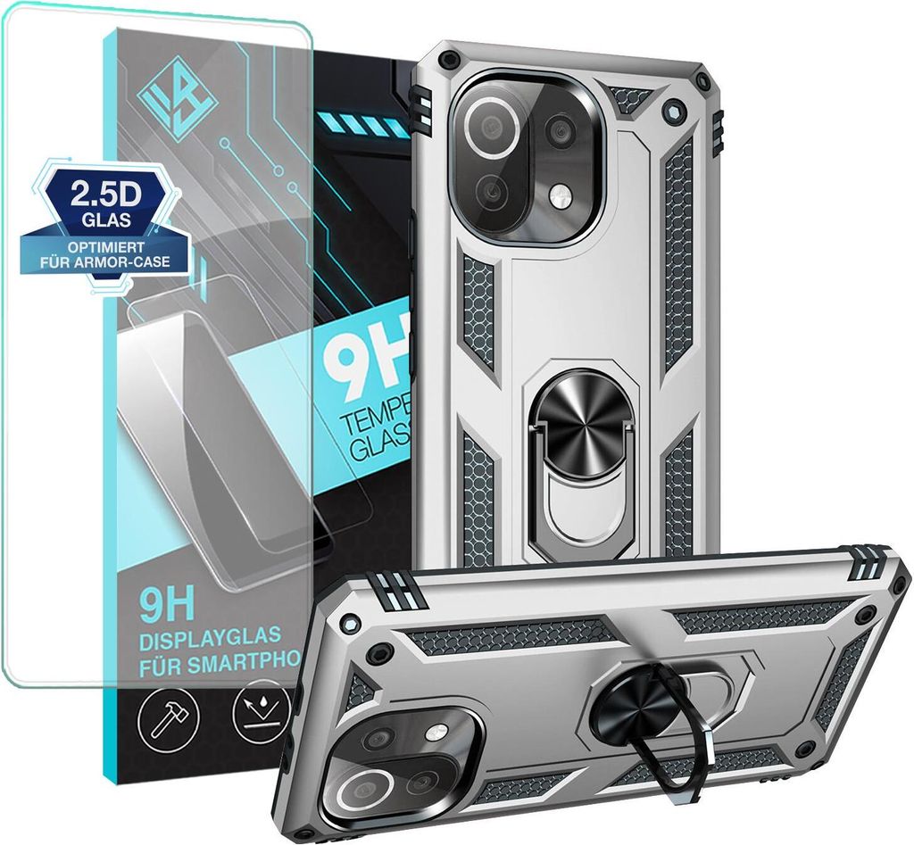 Armor Outdoor Handyhülle für Xiaomi Mi 11 Lite / 11 Lite 5G Handy Panzer Case Schutzhülle mit 9H Displayglas Displayschutz Farbe: Silber