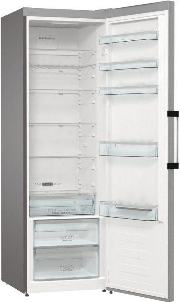 An open refrigerator with shelves and drawers.