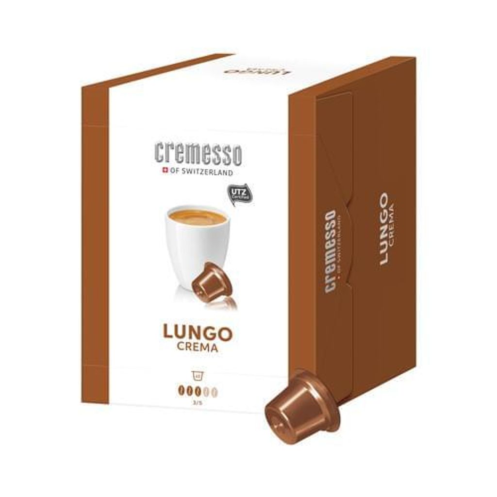 A box of Cremesso Lungo Crema coffee capsules.