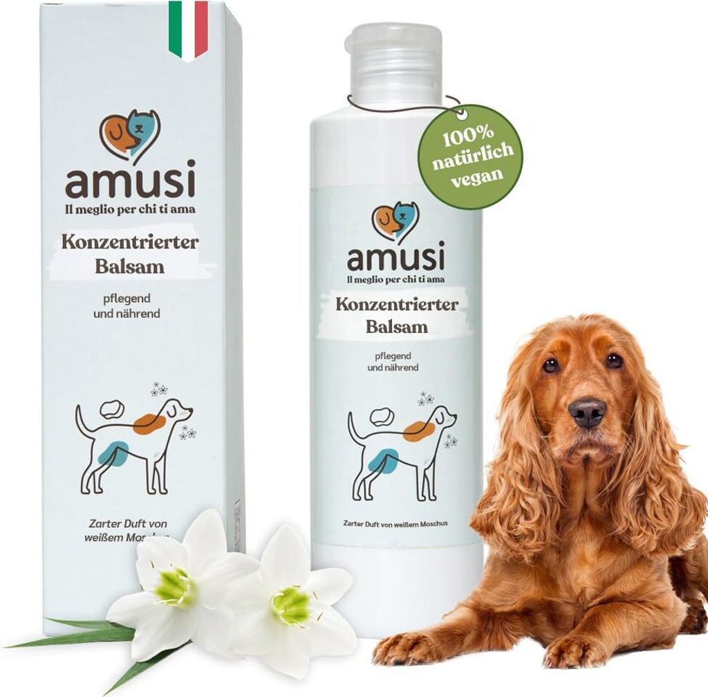 amusi Balsam für Hunde mit langem Haar, 250 ml, hergestellt in Italien, Hunde Conditioner Langhaar mit entwirrender Wirkung, antibakteriell