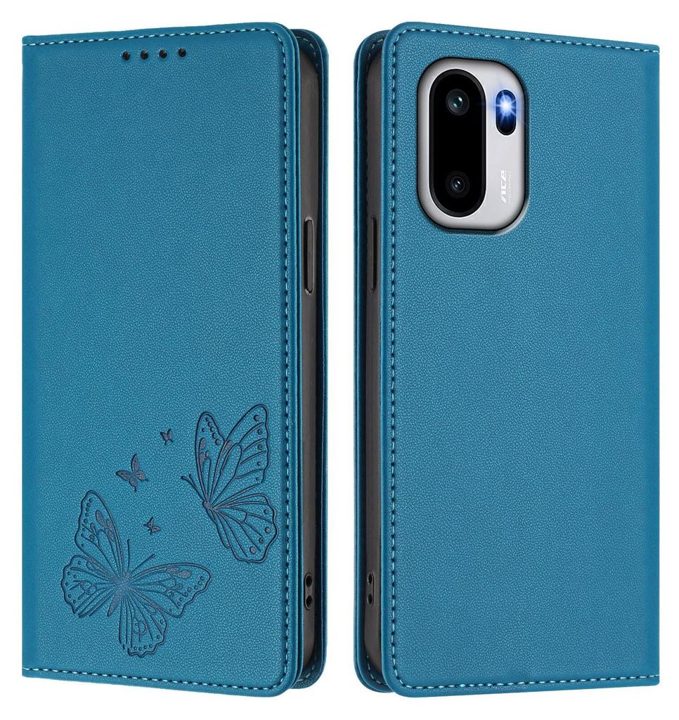 Lederhülle für OnePlus Ace 6T / Ace 6, Schmetterling Prägung Leder Brieftasche Schutzhülle mit Ständer Blau
