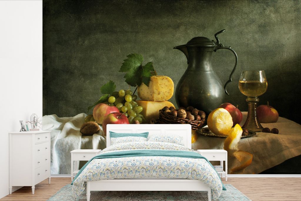 MuchoWow Fototapete für Wohnzimmer oder Schlafzimmer Wandtapete Vinyl Motivtapete Rustikal - Käse - Teekanne - Obst - Stilleben - 450x300 cm - ...