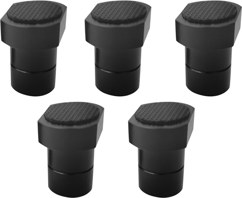 Five black woodworking bench dog clamps are arranged in two rows on a white background.