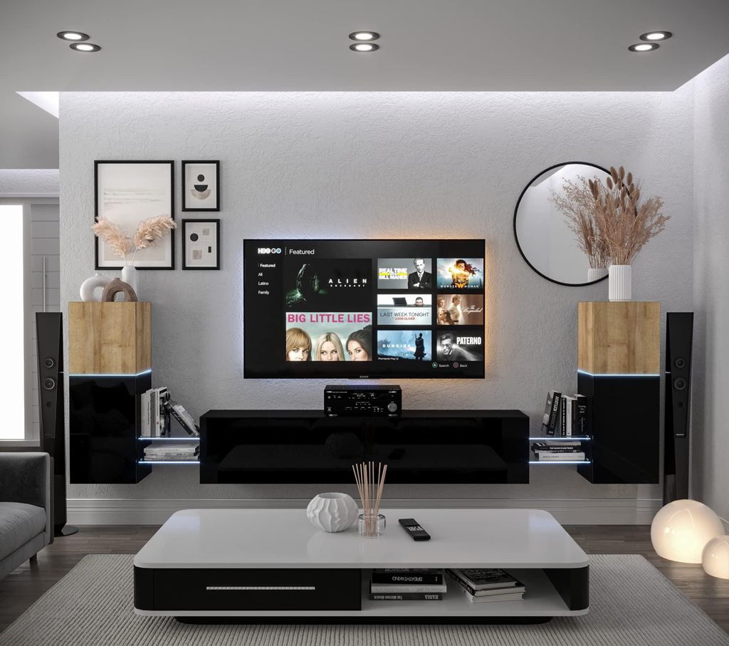 Furnitech Wohnwand Wohnzimmer - Wohnzimmer Möbel mit LED Blau - Hängend Wohnwand Modern - Wohnzimmer Schrankwand mit Regale und TV Schrank (AN104...