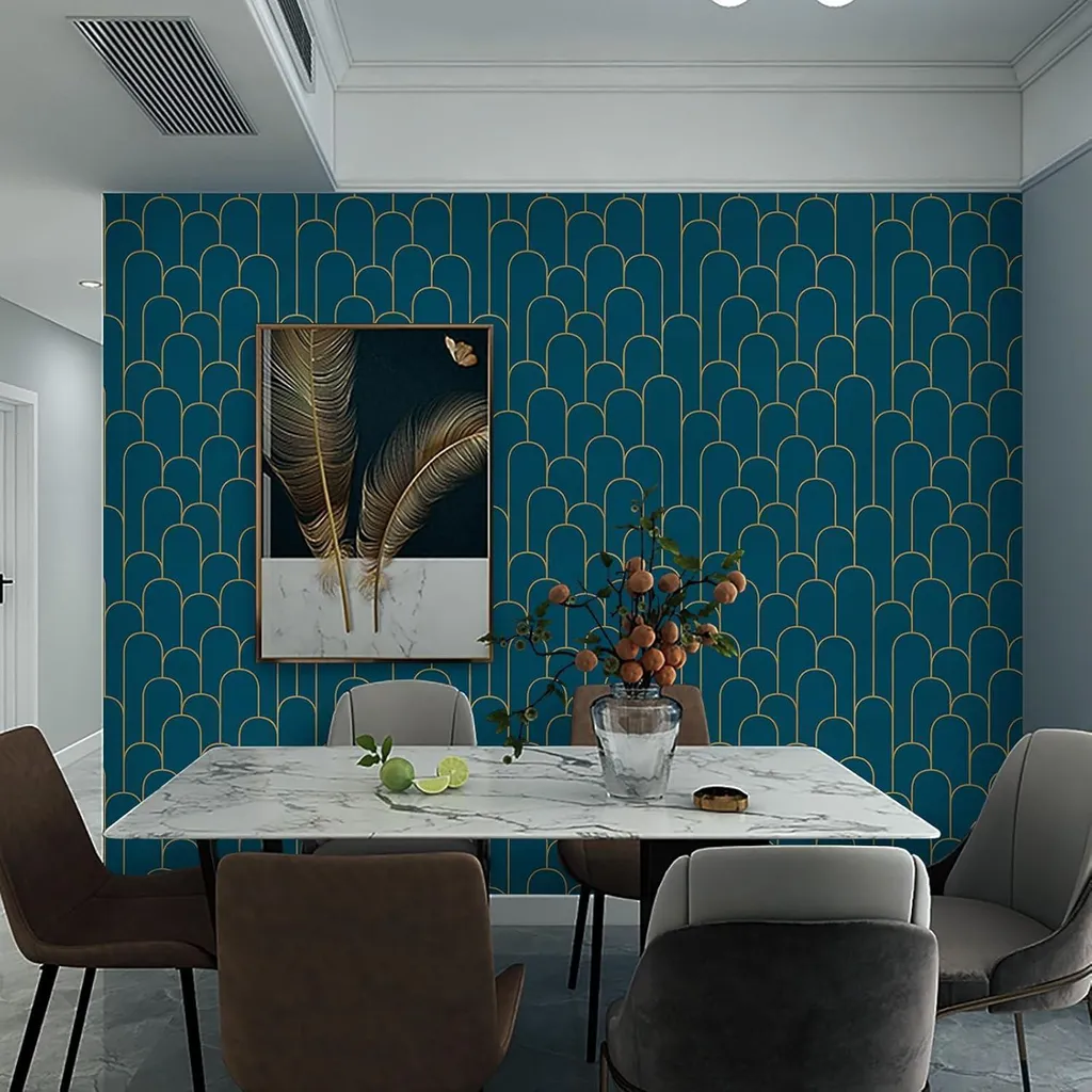 Papier Peint Géométrique Vinyle Imperméable Turquoise Or 44CMx10M Chic - 4