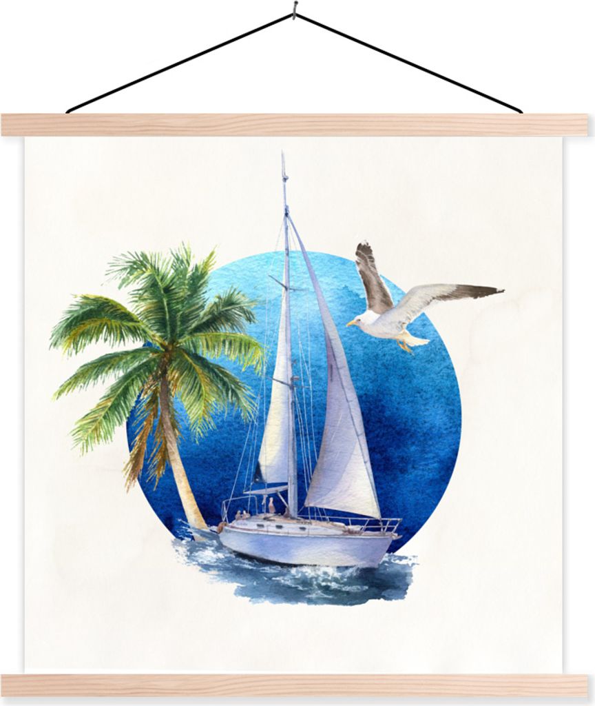 MuchoWow Textilposter Segelboot - Vogel - Meer 40x40 cm mit holzfarbenen Rahmen - Posterleiste