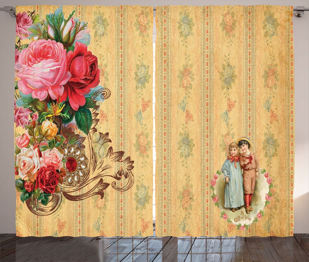 ABAKUHAUS Vintage Rustikaler Vorhang, Romantisches Land Roses, Wohnzimmer Universalband Gardinen mit Schlaufen und Haken, 280 x 175 cm, Sand Braun ...