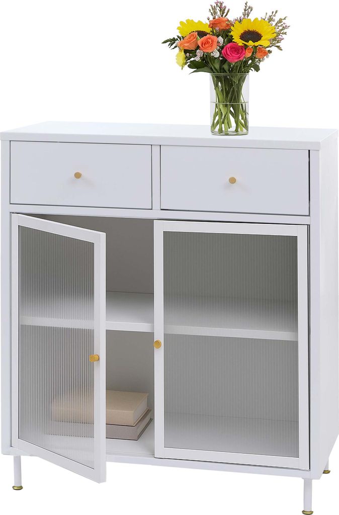 Kommode HWC-O87, Schrank Sideboard Highboard, Staufächer Schubladen Industrial Metall Schilfglas 96x80x40cm weiß