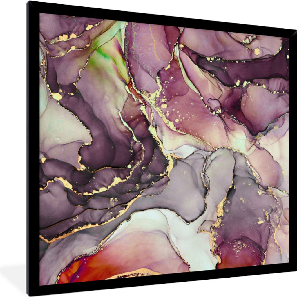 MuchoWow Gerahmtes Poster Marmor - Rot - Lila - Gold 40x40 cm - Poster mit Schwarzem Bilderrahmen Wandposter Rahmen Foto Bilder - Mit Rahmen - Wa...