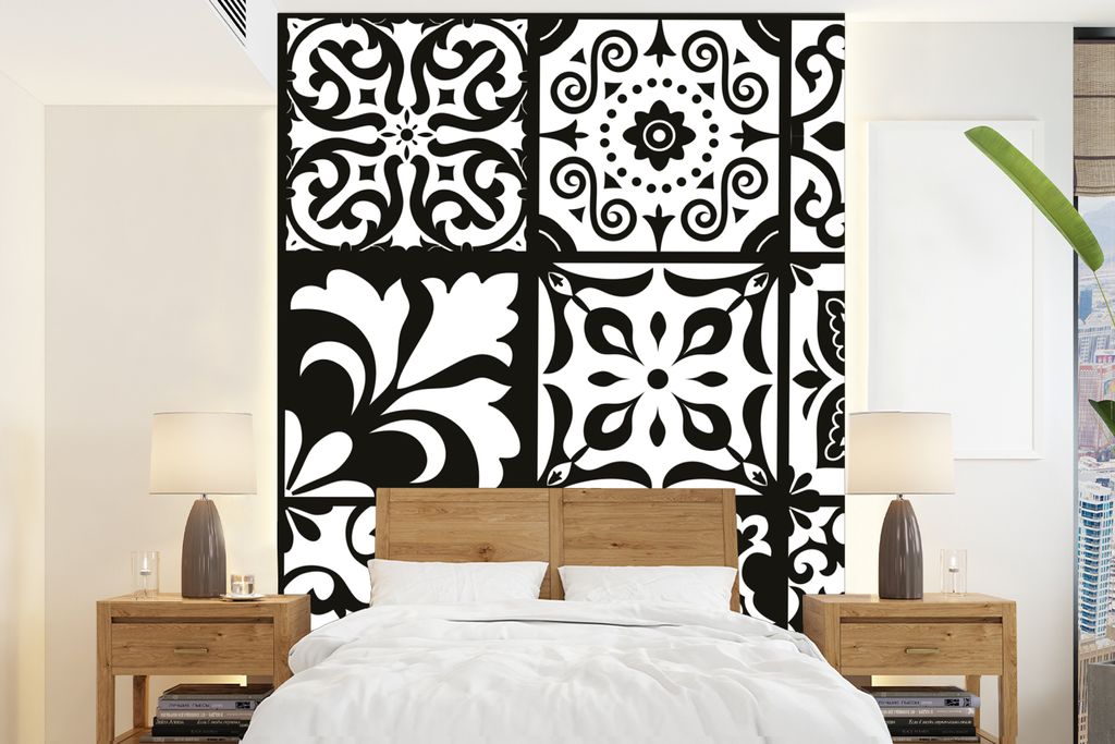 MuchoWow Fototapete für Wohnzimmer oder Schlafzimmer Wandtapete Vinyl Motivtapete Muster - Schwarz - Weiß - Blumen - Abstrakt - 175x240 cm - Sc...