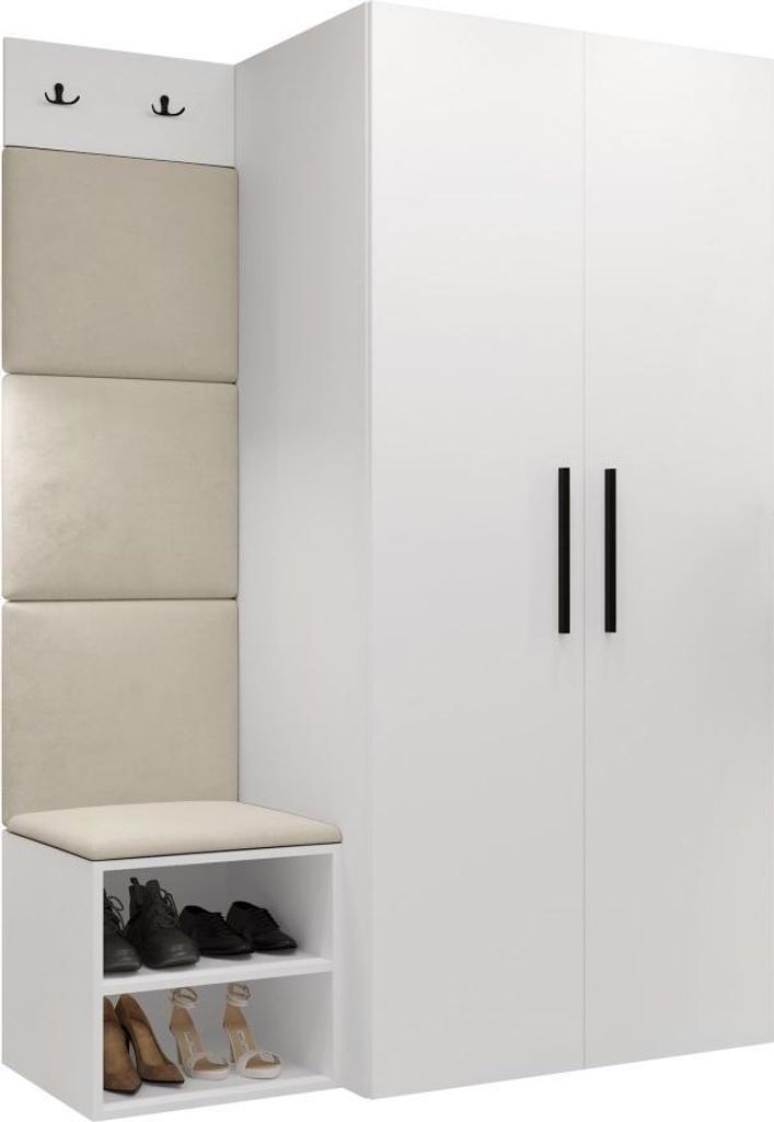 MIRJAN24 Garderoben-Set Medi IV, Schuhschrank, Kleiderhakenbrett, 4x Paneel 42x42, 2 Kleiderhaken (Farbe: Weiß, Manila 02)