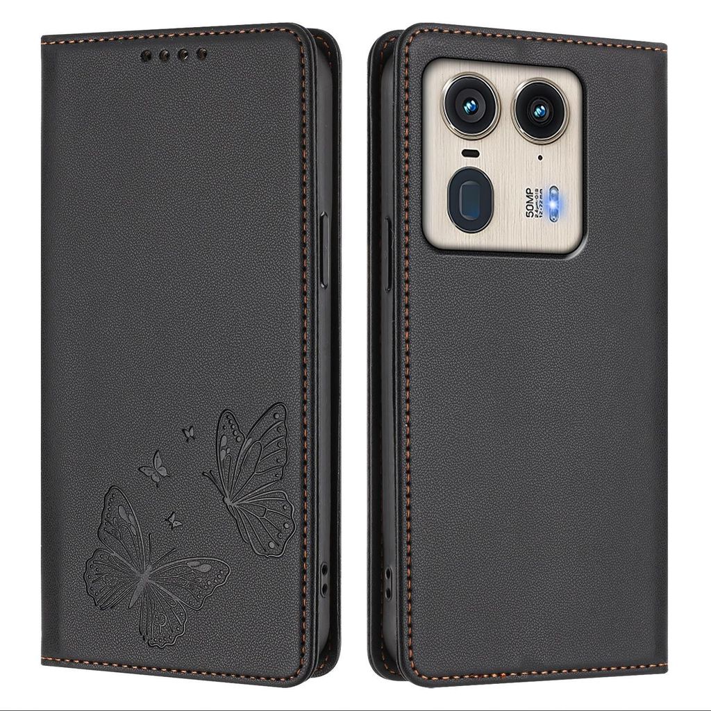 Lederhülle für Motorola Edge 50 Ultra, Schmetterling Prägung Leder Brieftasche Schutzhülle mit Ständer Schwarz