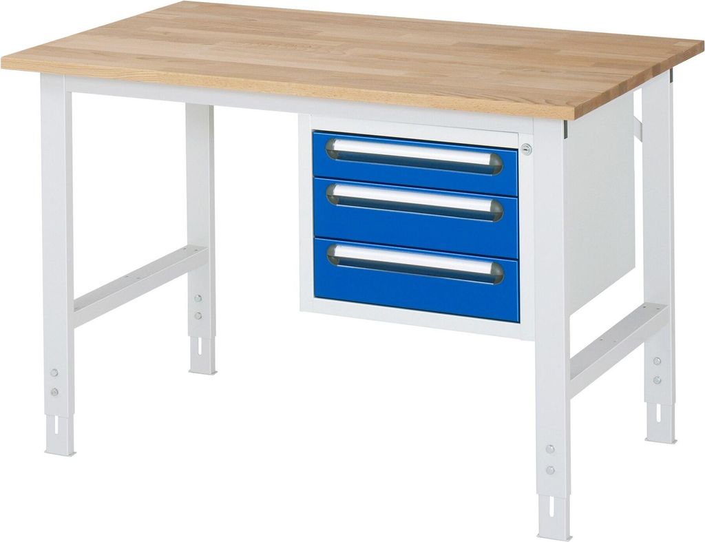 RAU Arbeitstisch 1250x800x760-1080 3xSchub B-Platte 25mm l.gr/e.bl