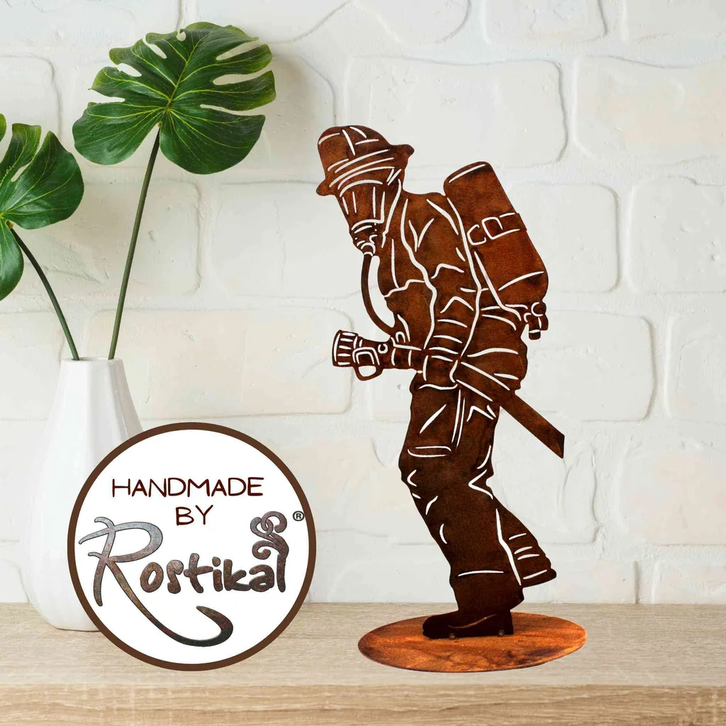 Figurine Pompier 40cm en Rouille Noble Résistant aux Intempéries Déco