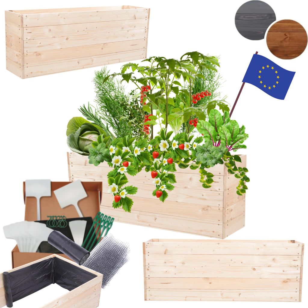 MODO24 Hochbeet Holz, Pflanzkasten, Massivholz, Kiefer, Kräuterbeet, Blumenkasten, Garten, Terrasse, 45x120x30 cm, Natur imprägniert, ZP06