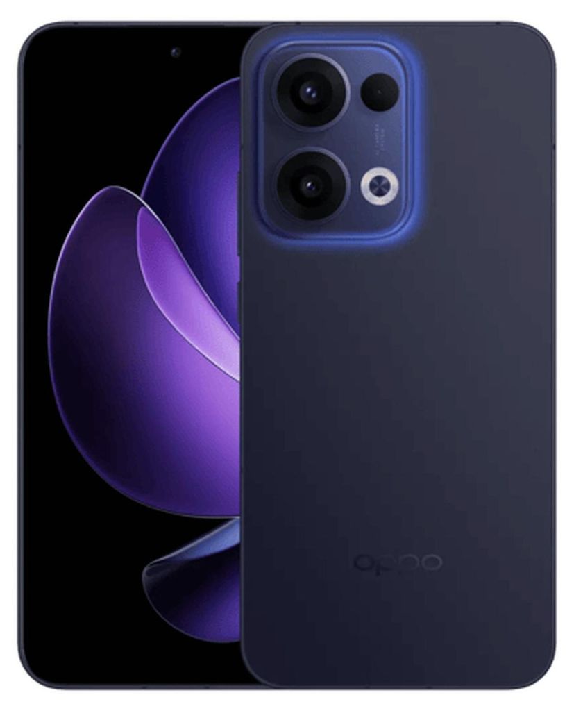 A dark blue smartphone is shown with its camera module prominently displayed. The screen shows a purple, abstract design.