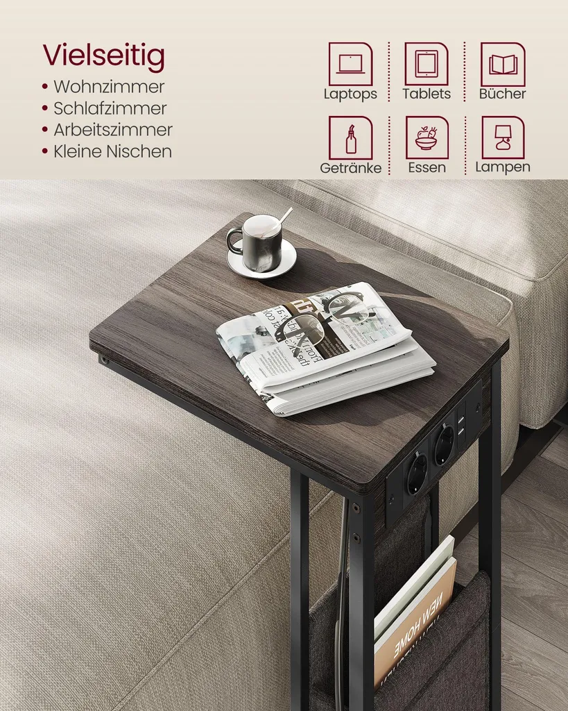 Table d'appoint C-Shape brun érable avec bloc de 2 prises de courant 220V
