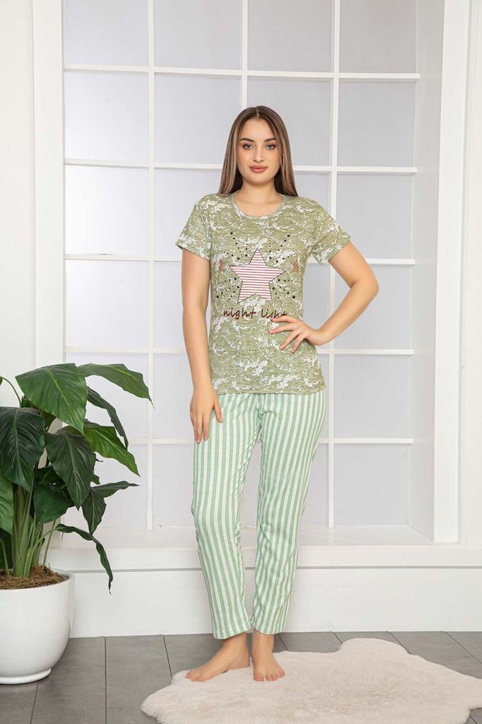 Damen Pyjama Schlafanzug Grün L Kurz 2-Teiler Set A-86 Produktbild 