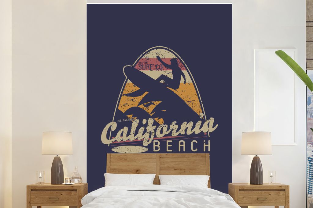 MuchoWow Fototapete für Wohnzimmer oder Schlafzimmer Wandtapete Vinyl Motivtapete Vintage - Surfen - Surfbrett - 225x350 cm - Schlafzimmer tapete
