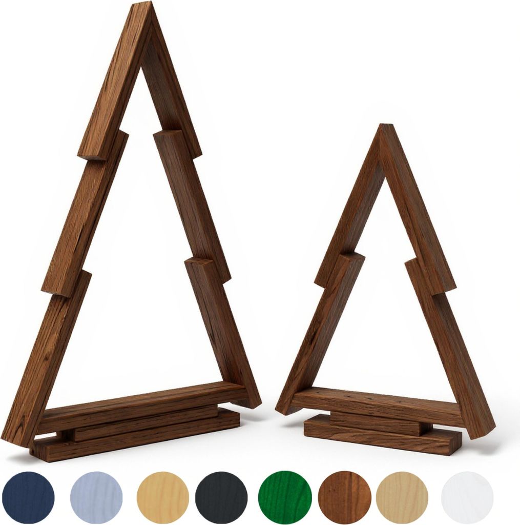 Two wooden Christmas trees of different sizes are displayed against a white background.